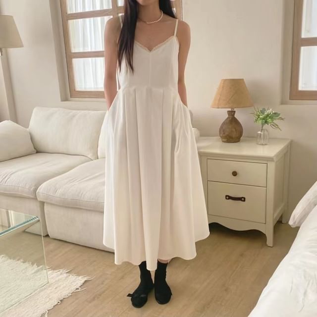 Spaghetti Strap V-Neck Plain Lace Trim Pleated Midi A-Line Dress