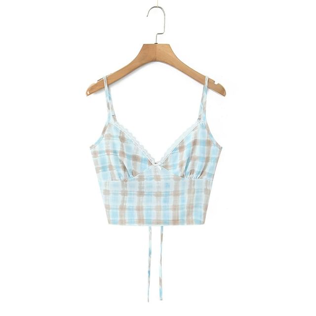 V-Neck Plaid Lace Trim Tie Back Crop Camisole Top / Low Rise Mermaid Skirt