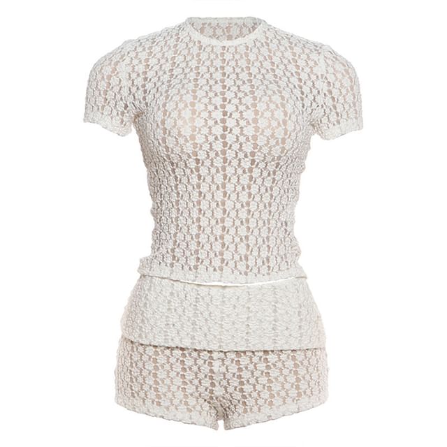 Set: Short-Sleeve Crewneck Lace Crop Top + Hot Pants