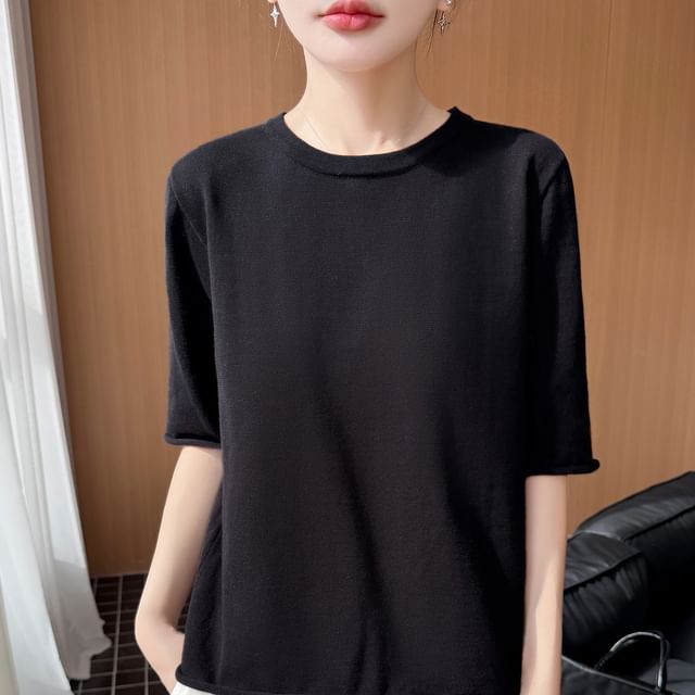 Elbow Sleeve Crew Neck Knit Top