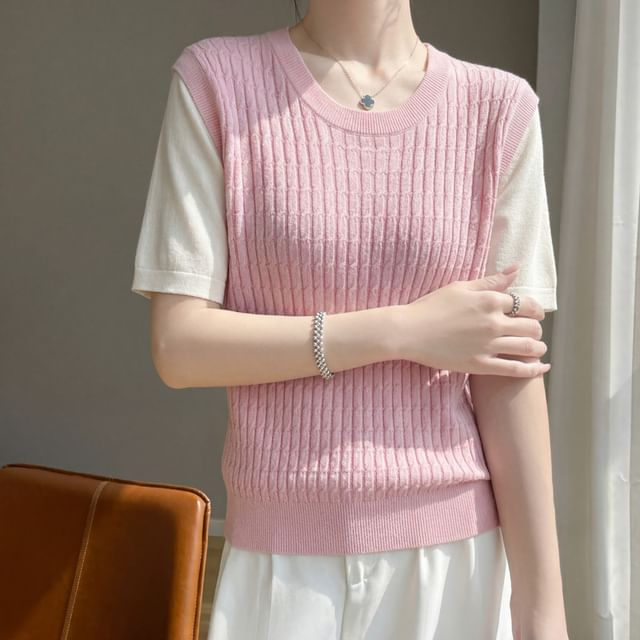 Two-Tone Knit Top with Elbow Sleeves