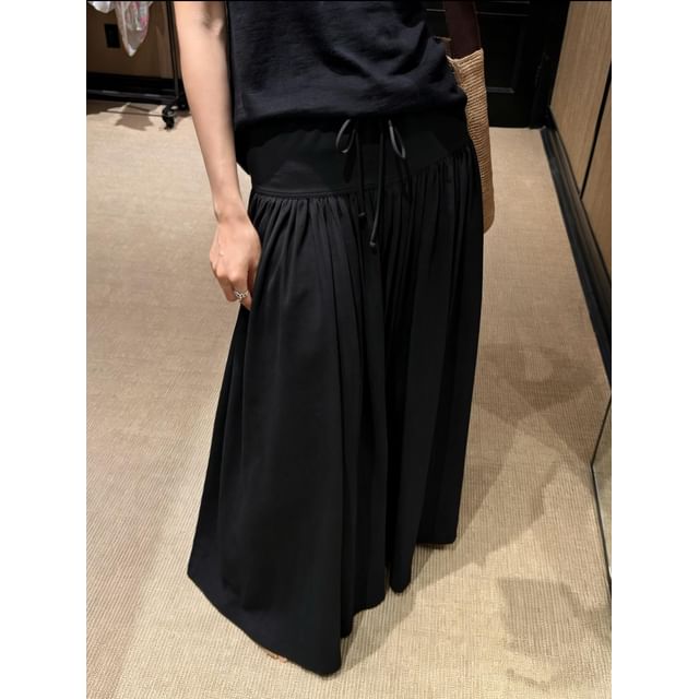 Low Waist Ruffled-Trim Plain Maxi A-Line Skirt