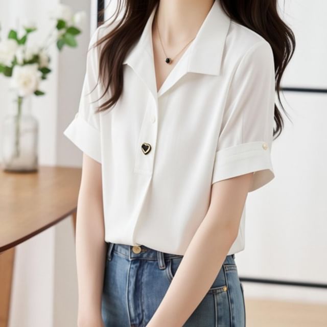 Half Button Collared Short Sleeve Blouse