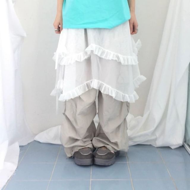 Plain Ruffle Trim Layered Mesh Wrap Skirt