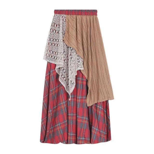 High Waist Lace Overlay Plaid Maxi A-Line Skirt
