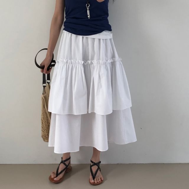 Elastic Waist Layered Panel Midi A-Line Skirt
