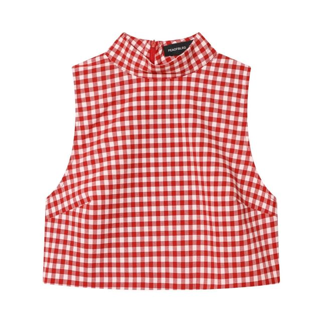 Mock Neck Gingham Slit Crop Tank Top / Mid Rise Ruched Cropped Straight Leg Pants
