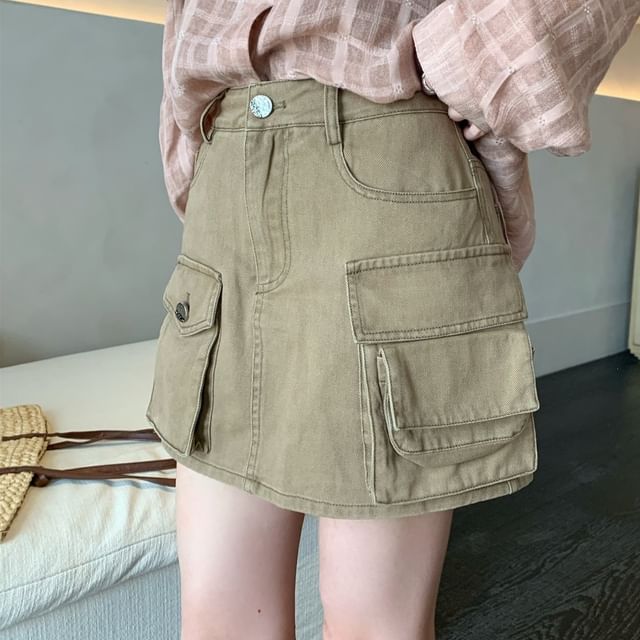 Plaid Button-Up Shirt and Mini Cargo Skirt