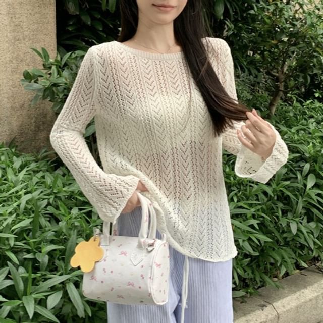 Perforated Sheer Boat Neck Long Sleeve Knit Top