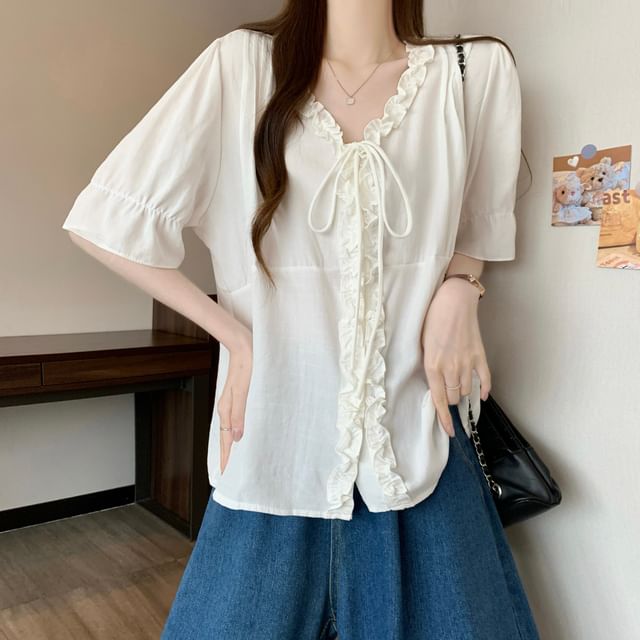 Frill Trim Button-Up V-Neck Elbow Sleeve Blouse