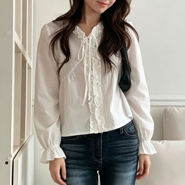 V-Neck Frill Button Blouse