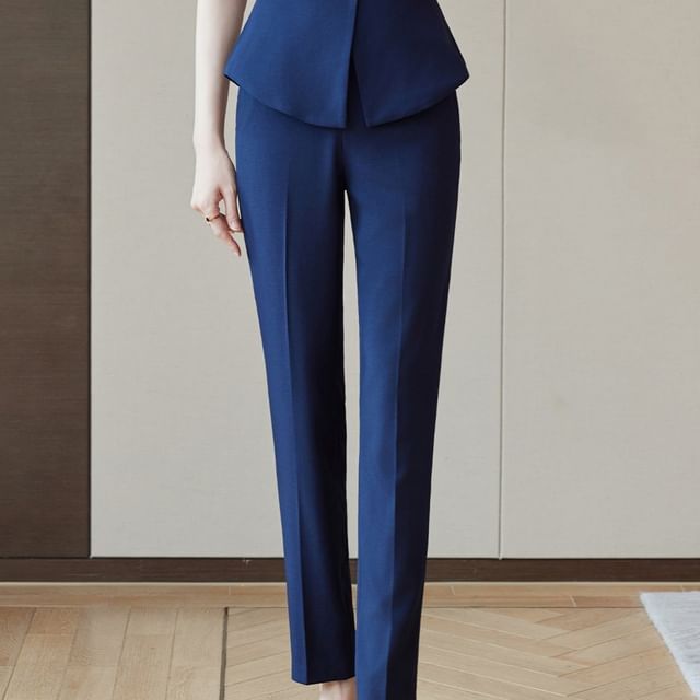 Short-Sleeve Plain Button-Up Blazer / High Waist Mini Pencil Skirt / Mid Rise Straight Leg Dress Pants