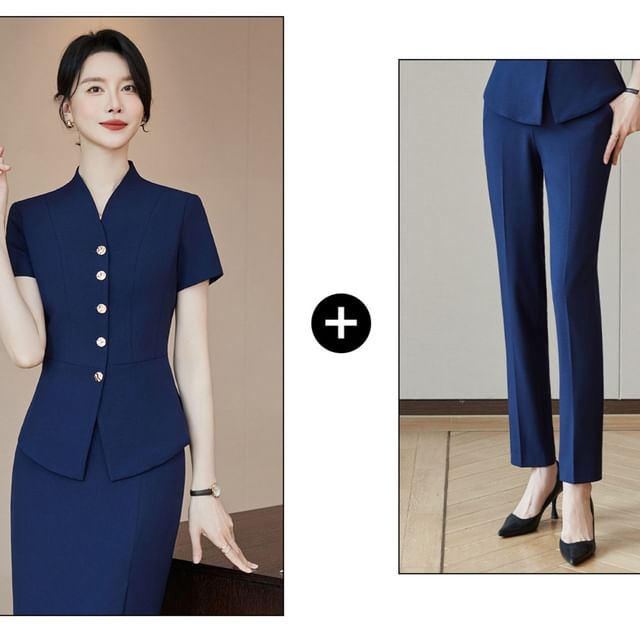 Short-Sleeve Plain Button-Up Blazer / High Waist Mini Pencil Skirt / Mid Rise Straight Leg Dress Pants / Set