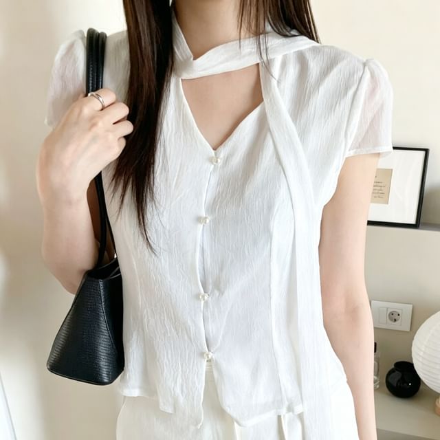 Scarf Neck Button Crop Blouse
