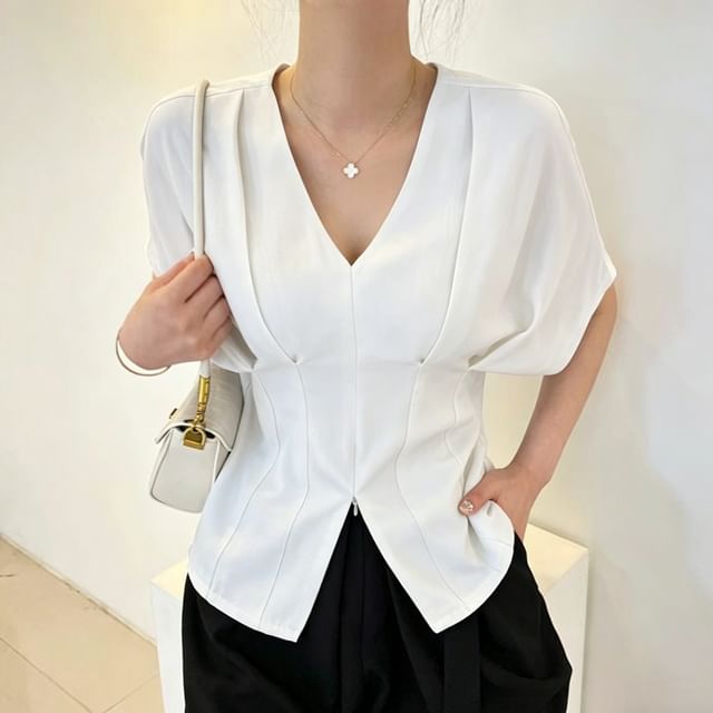 V-Neck Zip Slit Blouse