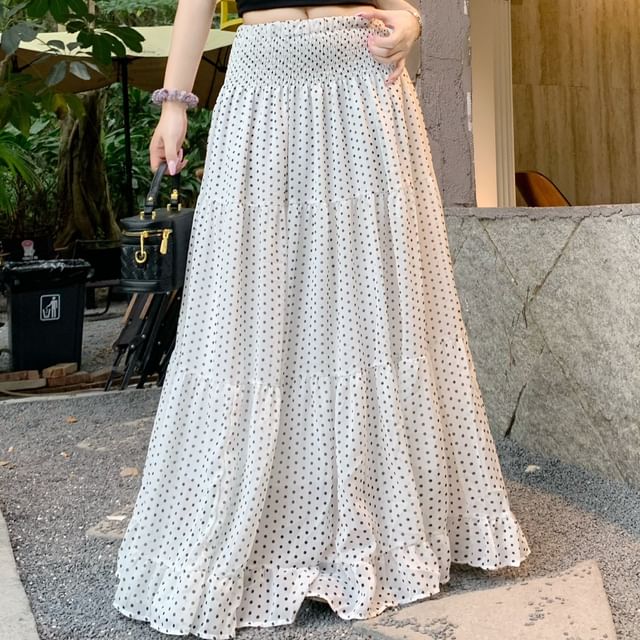 Mid Rise Dotted Ruched Maxi A-Line Skirt