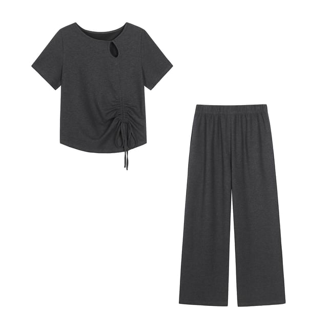 Cutout Drawstring Tee and Wide Leg Pants Set