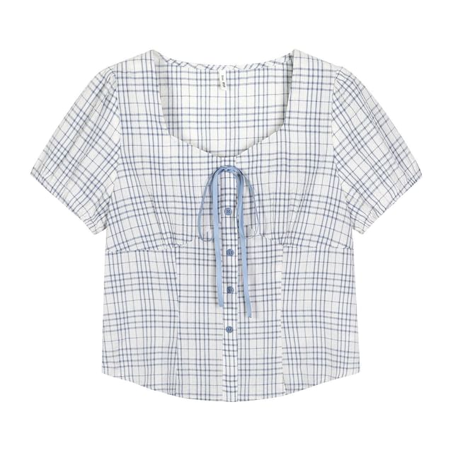 Square Neck Plaid Crop Blouse