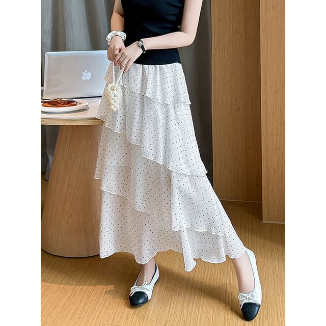 High Waist Dotted Tiered Maxi A-Line Skirt