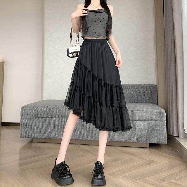 High Waist Plain Asymmetrical Tiered Frill Mesh Midi A-Line Skirt