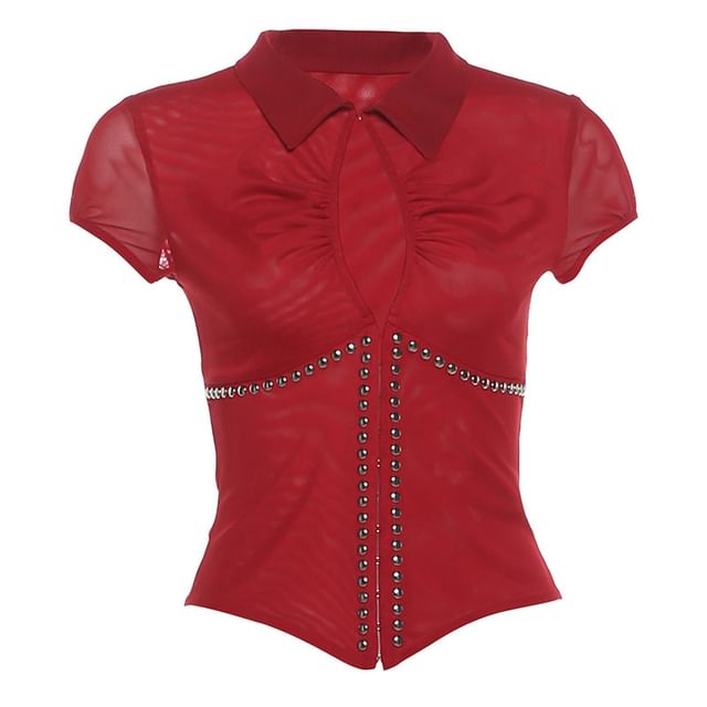 Short-Sleeve Cutout Crop top / Low Waist Faux Leather Mini Skirt