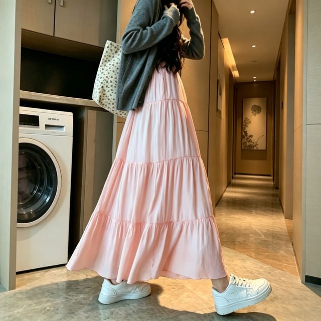 High Waist Plain Midi A-Line Skirt
