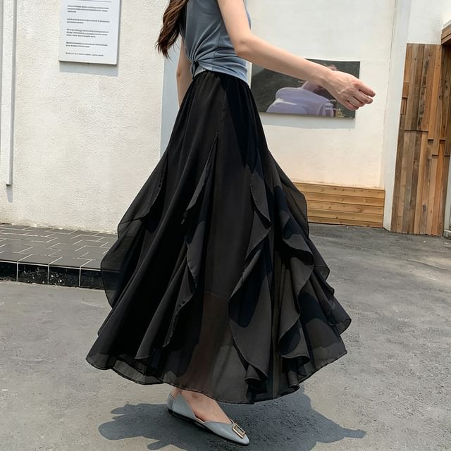 High Waist Plain Ruffle Trim Maxi A-Line Skirt