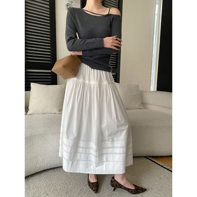 Elastic Waist Plain Striped Maxi A-Line Skirt