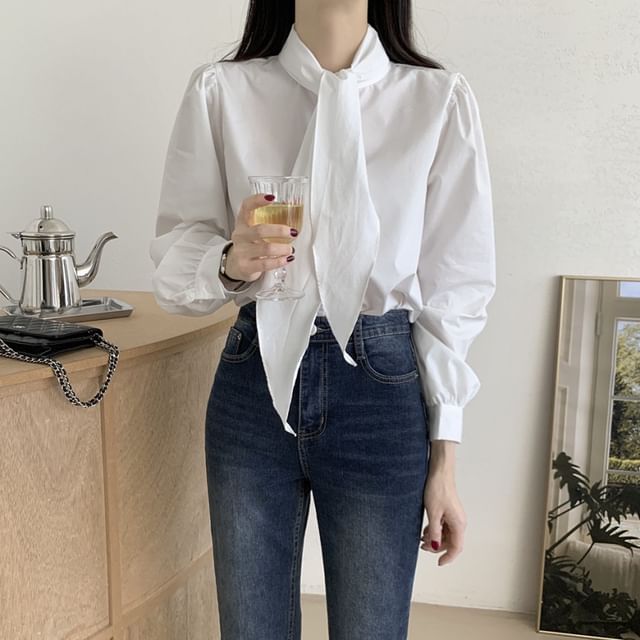 Puff Sleeve Tie Neck Solid Blouse