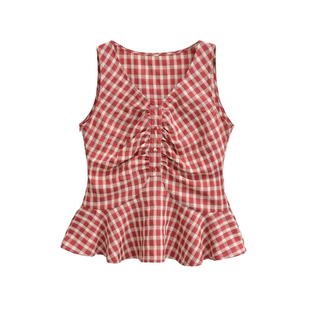 V-Neck Gingham Ruched Ruffled Hem Tank Top
