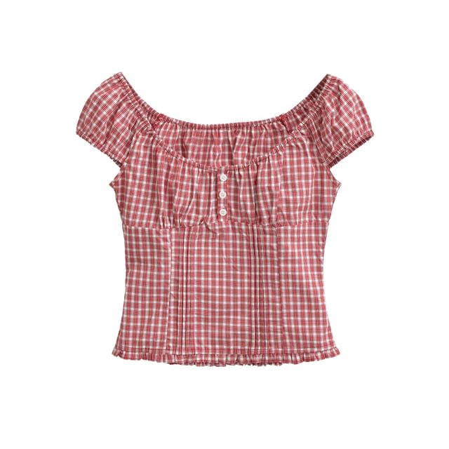 Cap Sleeve Off Shoulder Gingham Trim Slim Fit Blouse