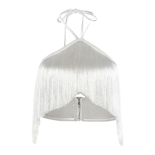 Plain Fringe Crop Halter Top & Sequin Mesh Mini Pencil Skirt