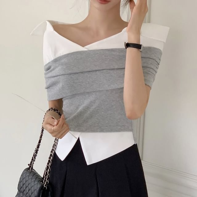 Mock Two-Piece Short-Sleeve Off-Shoulder Two Tone Ruched Blouse
