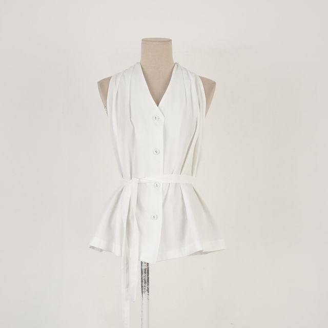Halter-Neck Plain Button-Up Top