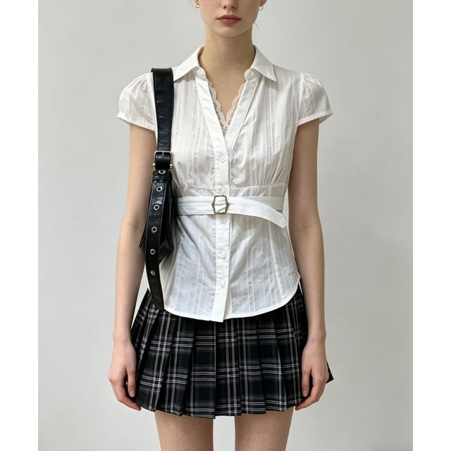 Short Sleeve V-Neck Lace-Trim Striped Tie-Waist Slim-Fit Shirt