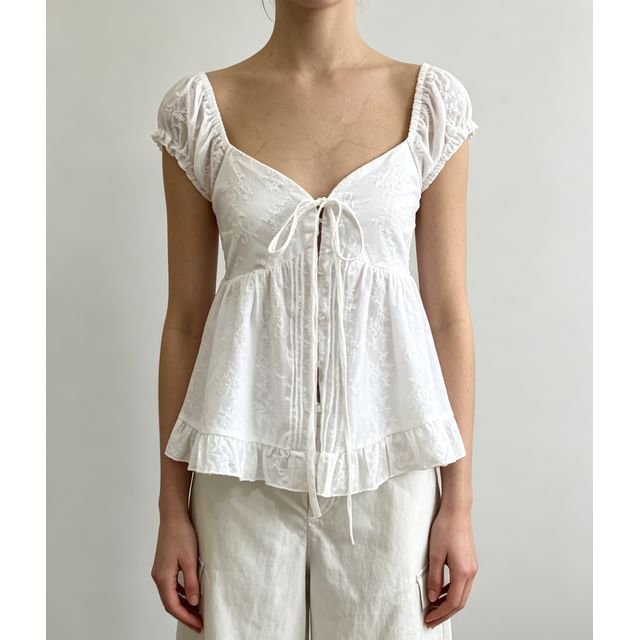 Puff Sleeve Sweetheart Neckline Plain Tie-Front Ruffled Hem Blouse