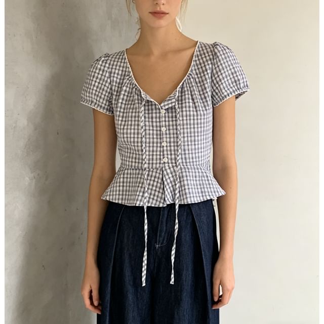 Puff Sleeve V-Neck Gingham Peplum Blouse