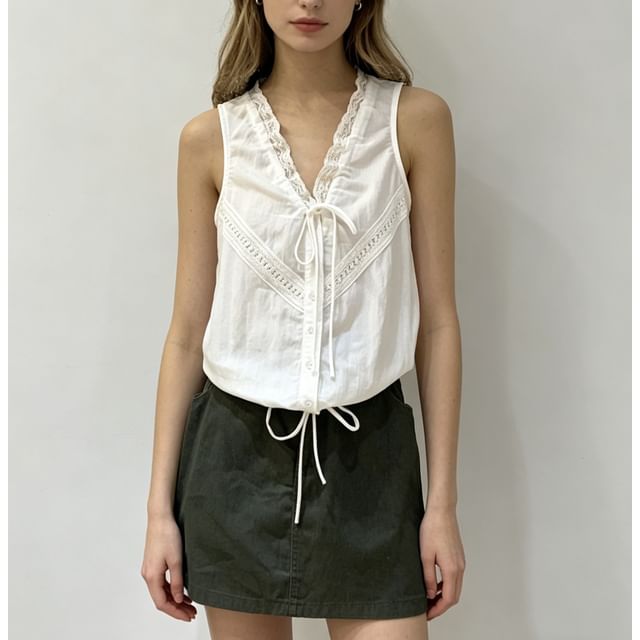 V-Neck Lace-Trim Tie-Front Drawstring Tank Top