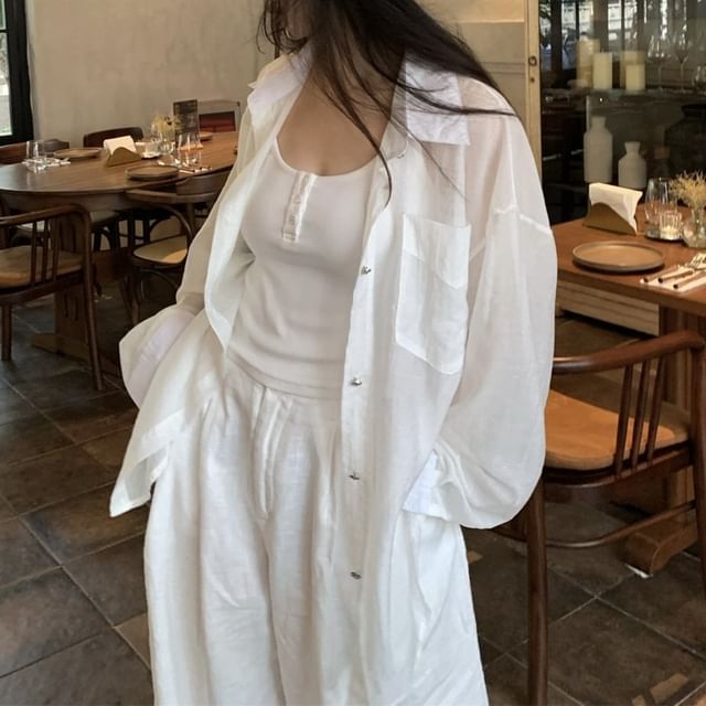 Long-Sleeve Button-Up Sheer Shirt