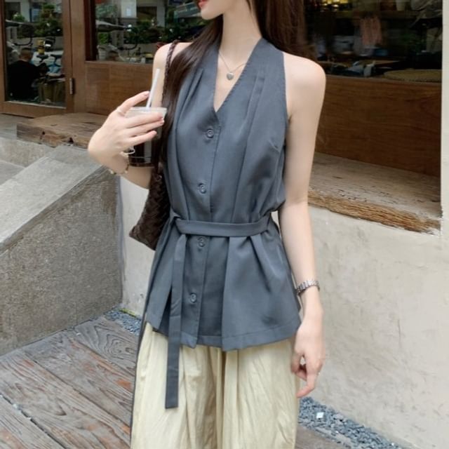 Halter V-Neck Tie Waist Button-Up Plain Top