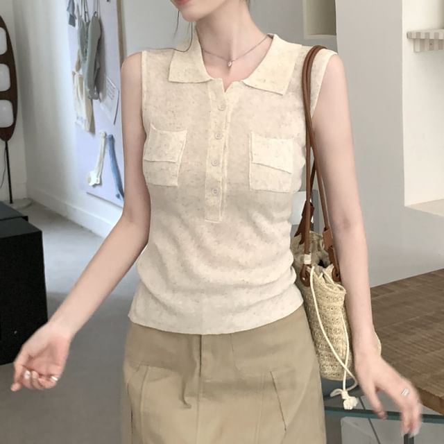Collared Half-Buttoned Plain Knit Tank Top
