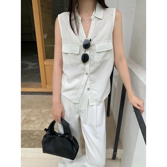Sleeveless Collared V-Neck Plain Button Up Shirt