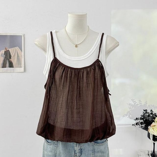 Mock Two-Piece Scoop Neck Bubble Hem Tank Top