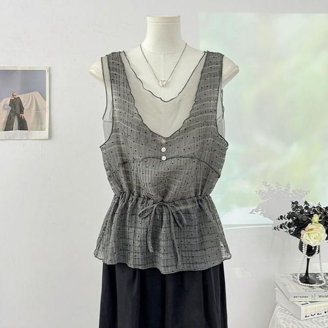V-Neck Micro Dot Mesh Panel Drawstring Waist Tank Top