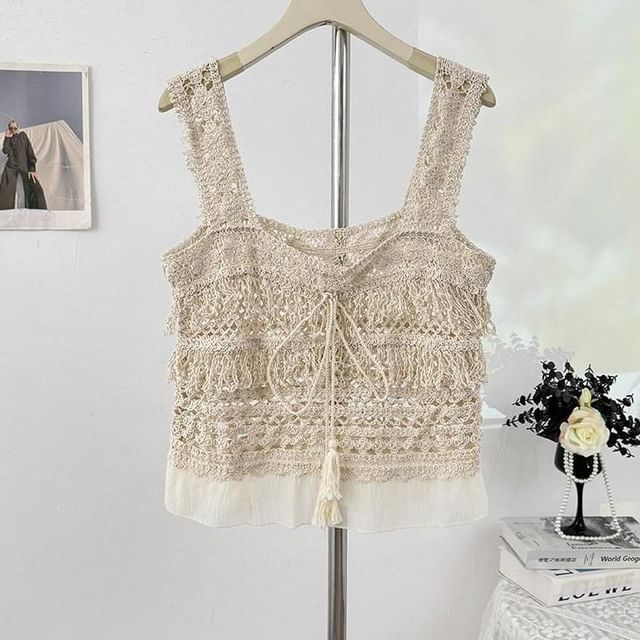 Set: Short-Sleeve Crew Neck Plain Crop T-Shirt + Square Neck Fringed Crochet Knit Tank Top