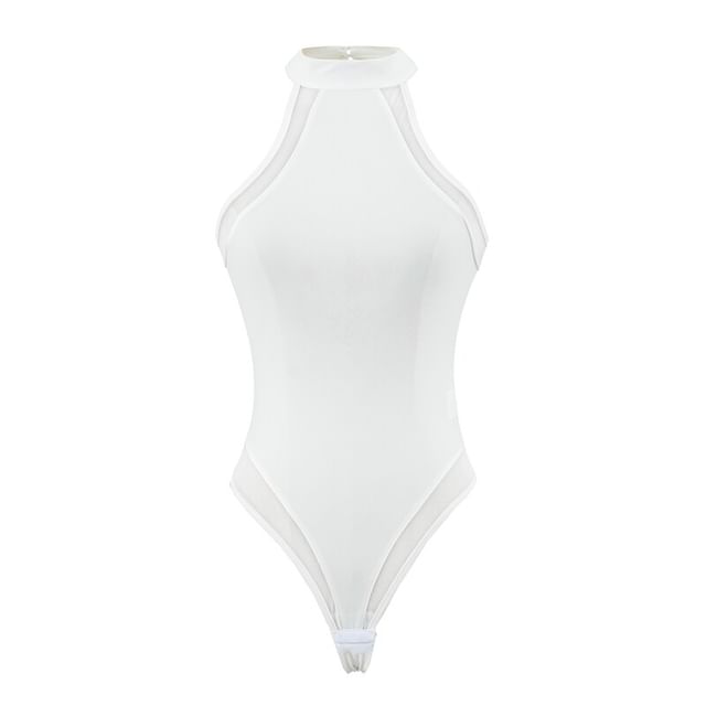 Halter Neck Plain Sheer Panel Bodysuit Top