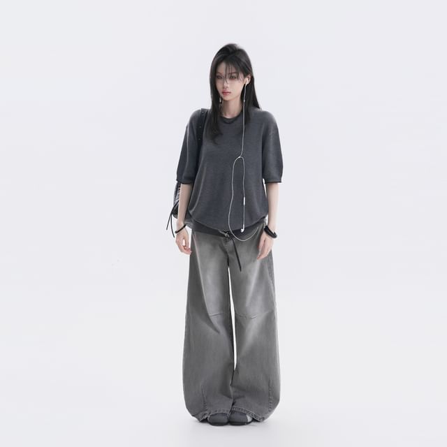 Oversized Plain Crew Neck Knit Top with Elbow Sleeves