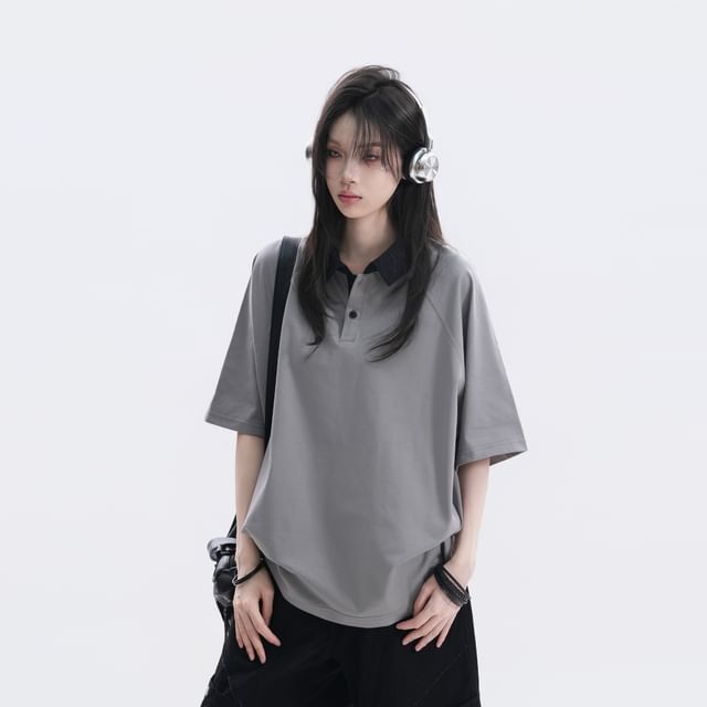 Oversized Two Tone Collared Polo Shirt with Elbow Sleeves