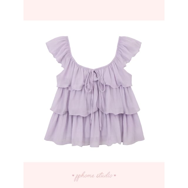 Puff Sleeve Scoop Neck Ruffle Blouse