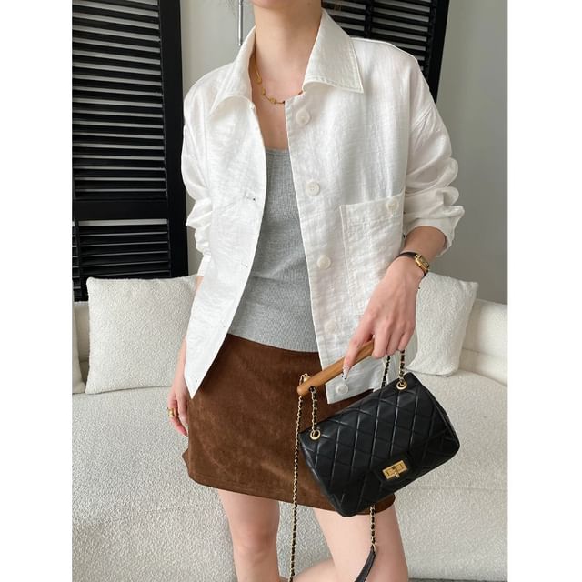 Collared Plain Button-Up Shirt Jacket